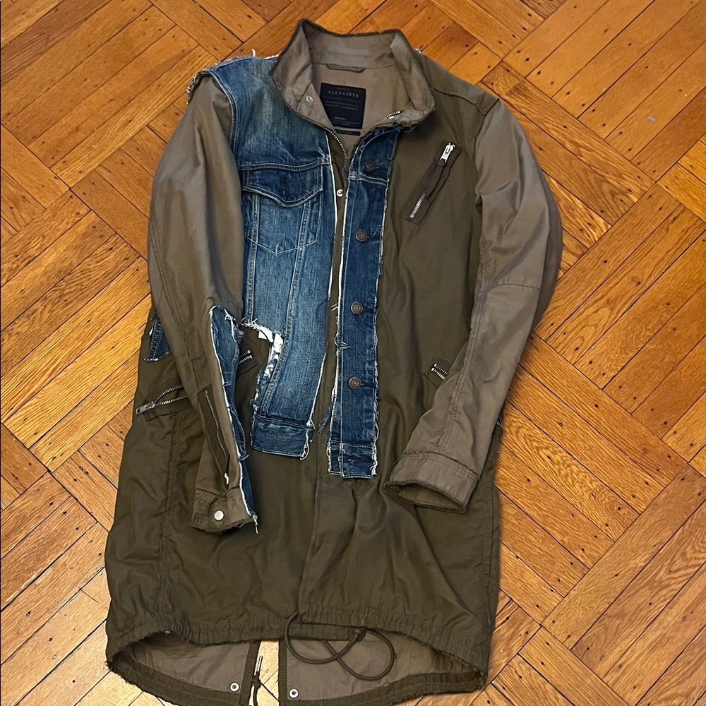 AllSaints Small Olive Military Parka Denim Panel Utility Jacket